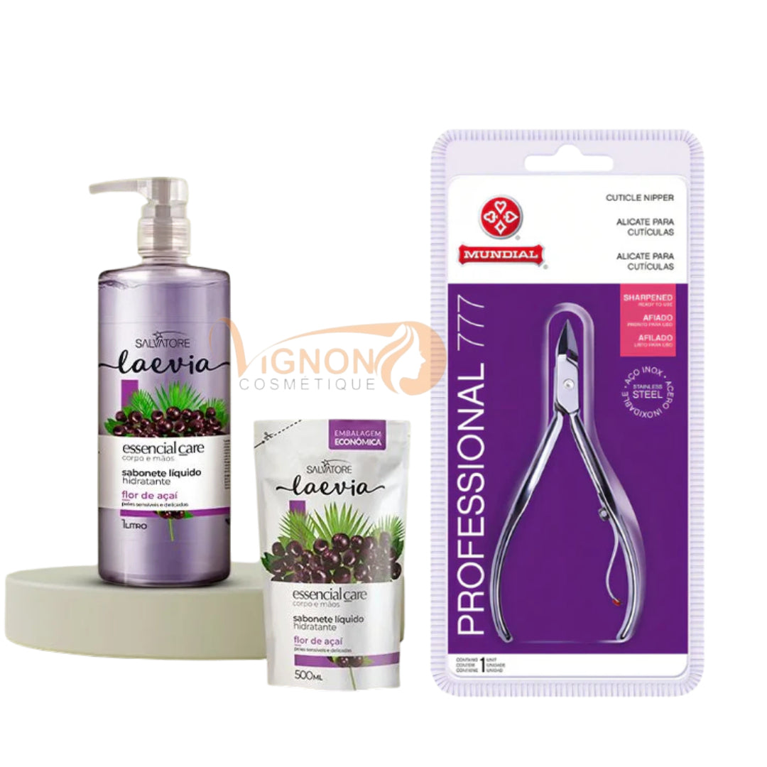 La pince à cuticules en acier inoxydable & Le savon liquide Flor de Açaí.
