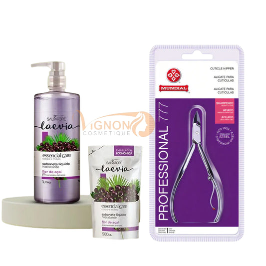 La pince à cuticules en acier inoxydable & Le savon liquide Flor de Açaí.