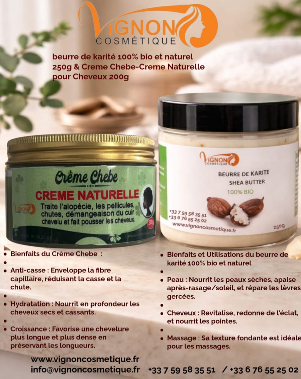 beurre de karité 100% bio et naturel 250g & Creme Chebe-Creme Naturelle pour Cheveux 200g
