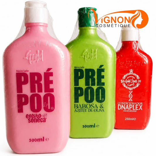 Kit Capillaire Be Gold – Pré-Poo  500 ml + Pré-Poo Aloe Vera & Huile d'Olive 500 ml + Après-Shampoing DNAPLEX Reconstructeur 250 ml