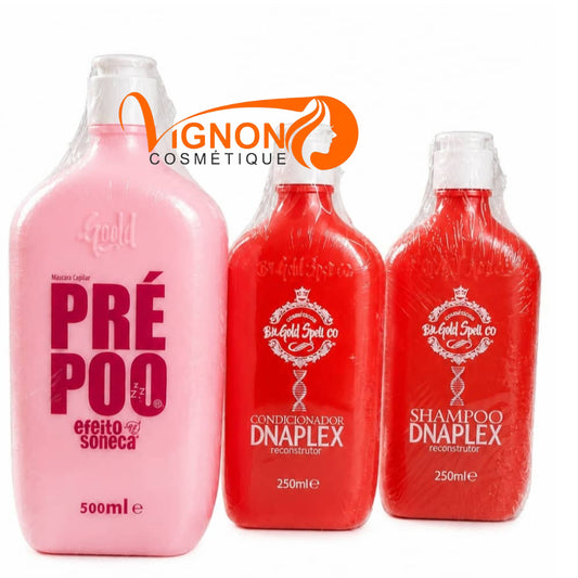 Kit Capillaire Be Gold – Pré-Poo  500 ml + Shampoing DNAPLEX Reconstructeur 250 ml + Après-Shampoing DNAPLEX Reconstructeur 250 ml